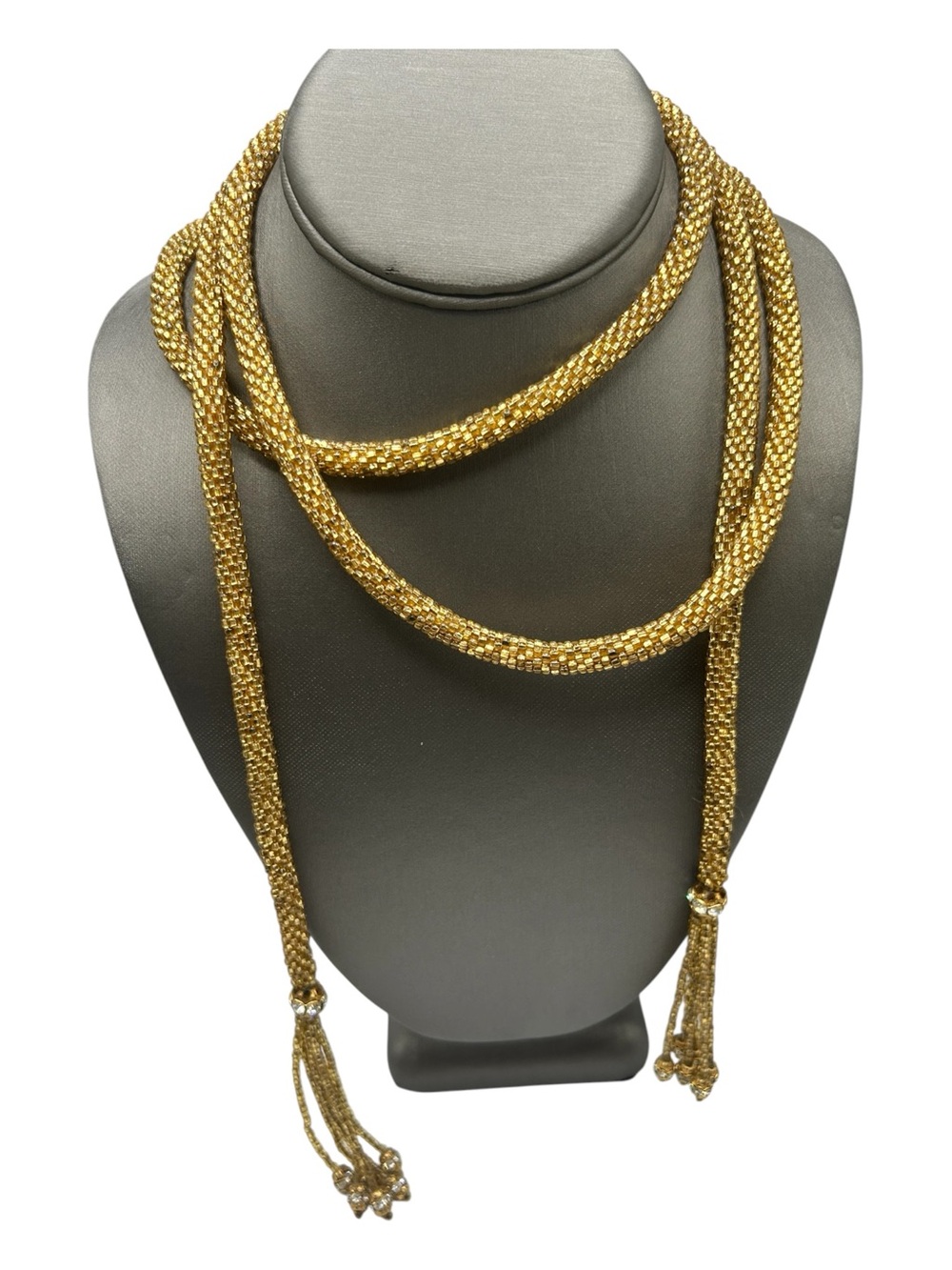 Vintage Lariat Tassel Necklace Woven Gold Seed Beads